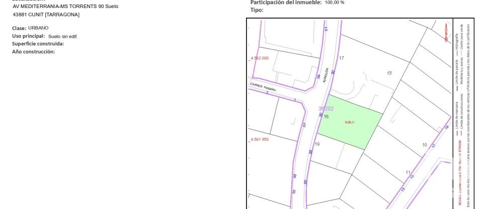 Terrain de 850 m² à Urbanitzacio Cunit-Diagonal (43881)